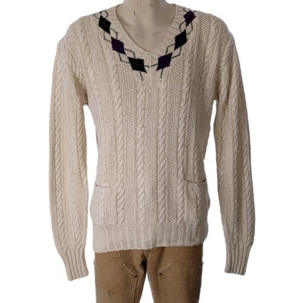 Polo Ralph Lauren Vintage Mens Silk Cable Knit Argyle V-Neck Sweater Sz L EUC